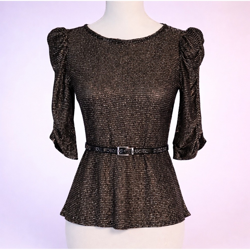 Vtg Womens Metallic Puff Sleeve Peplum Top Size S Black Gold 80s Glam Goth Party